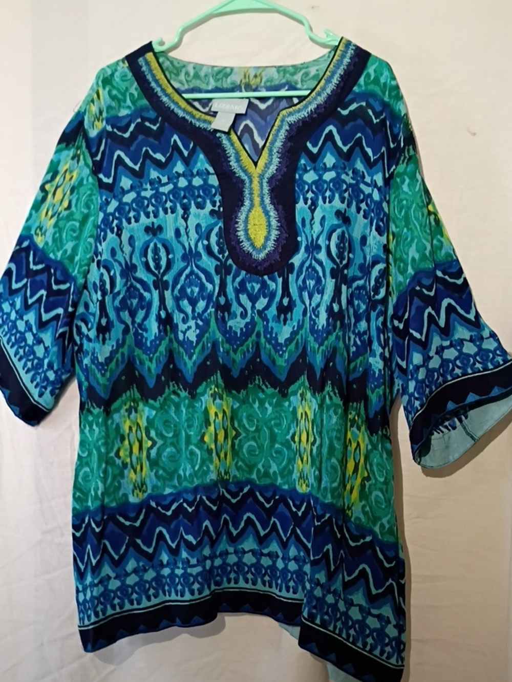 Women’s Blue-Green Embroidered V-Neck Tunic